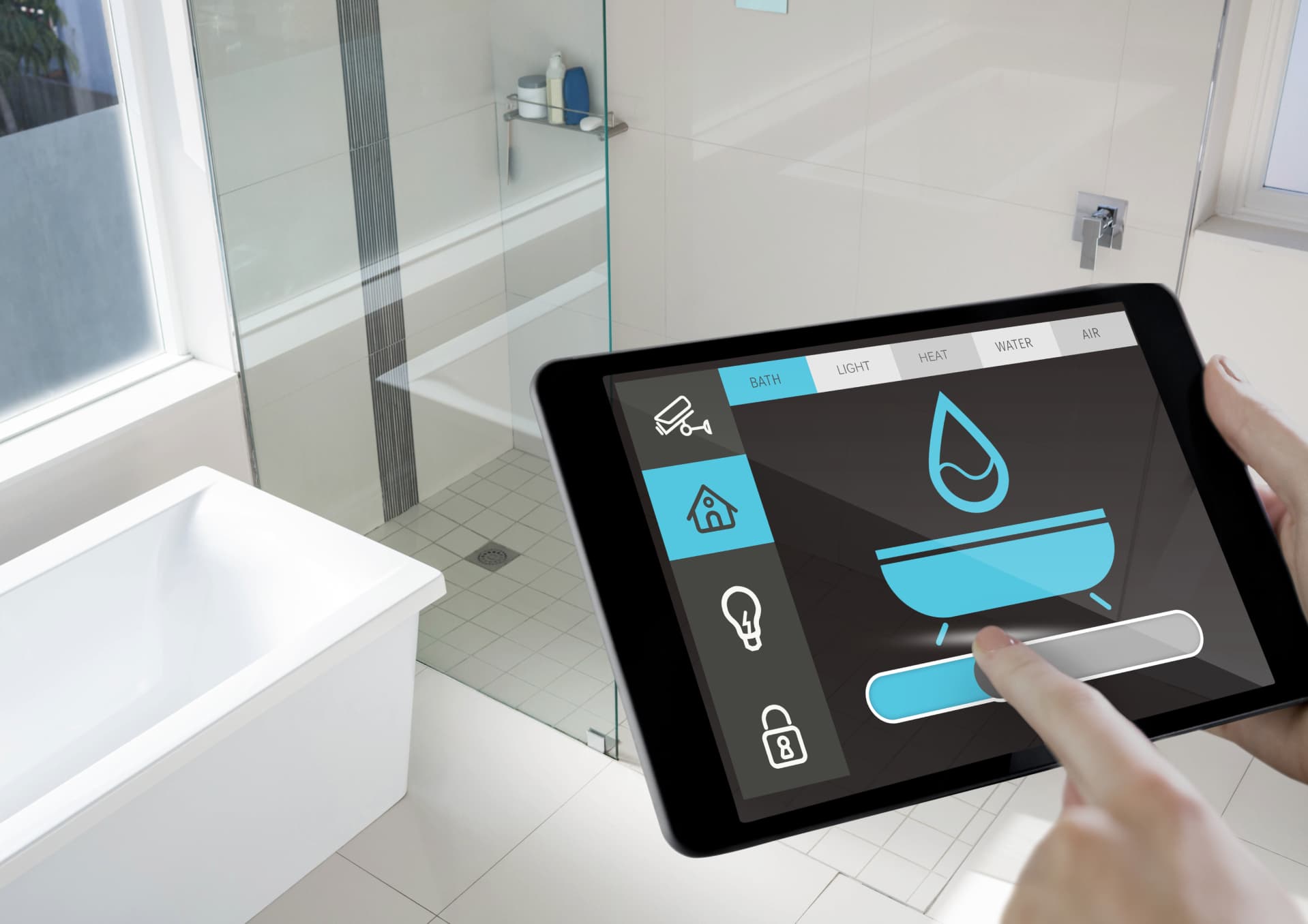conceptual image man adjusting temperature by using digital tablet 1 1