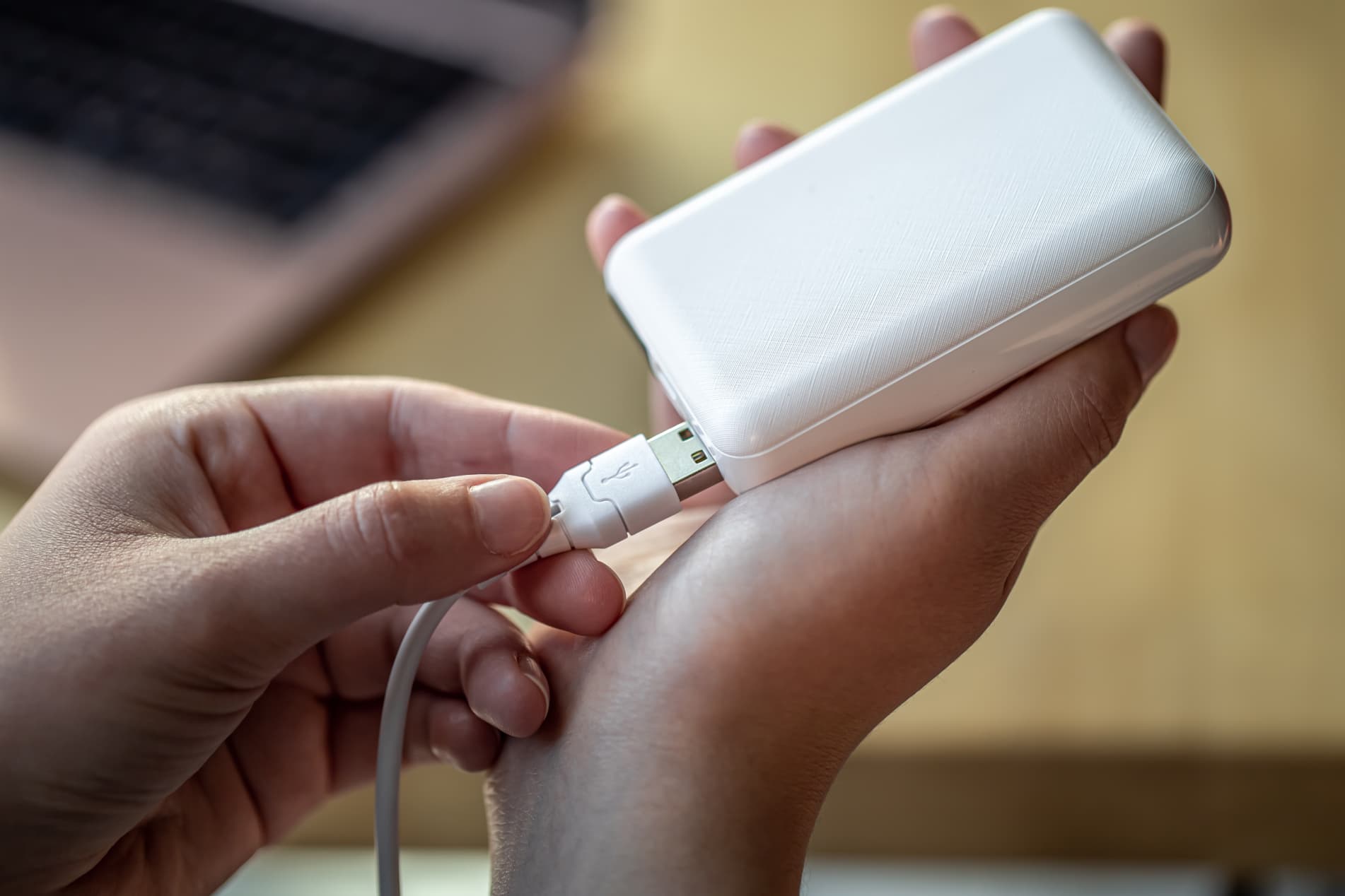 womans hand holding white usb cable white power bank 1 1